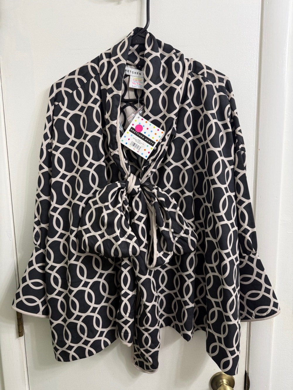 Gretchen Scott Designs Black and Cream Geometric Bow Tie Blouse